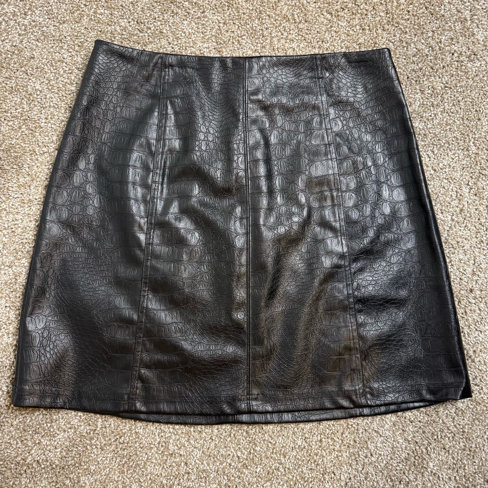 Alya Black Faux Leather Croc Embossed Skirt